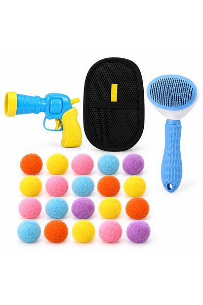 Busstier Ponpon Ufkı – Pom-Pom-Shooting Cat Toy Gun and Lint Remover, Comb Set