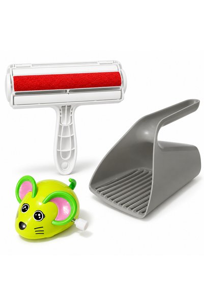 Busstier Mouse Diary – Wind-Up Mouse Cat Toy, Hair Remover, and Litter Scoop Set