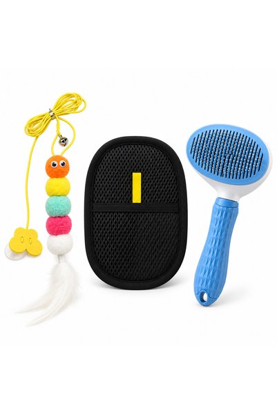 Busstier Mırmır Saati – Cat Toy with Hanging Pom-Poms and Fur Remover, Comb Set