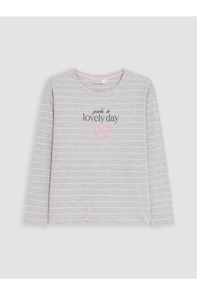 LC Waikiki LCW DREAM Ecru Jersey Striped Long-Sleeve Women's Pajama Top, Feat...