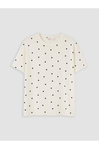LC Waikiki LCW DREAM Ecru Jersey Polka Dot Short-Sleeve Women's Pajama Top, F...