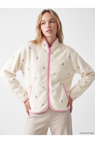 LC Waikiki LCW DREAM Ecru Plush Embroidered Long-Sleeve Women's Pajama Top, F...