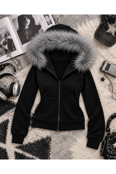 Toum Basic Grunge Black Slim-Fit Fur-Trimmed Zip-Up Cardigan