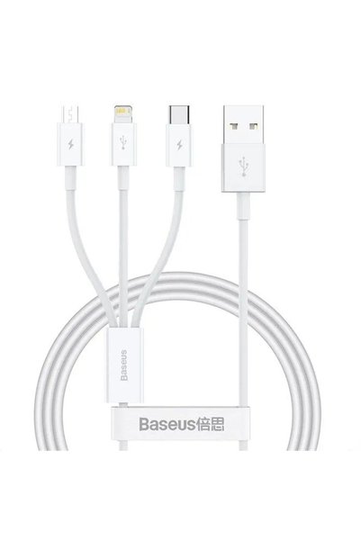 Baseus Cablu P10377705213-00, 3in1, USB-A cu 3 iesiri, 100W, 1.5m, alb
