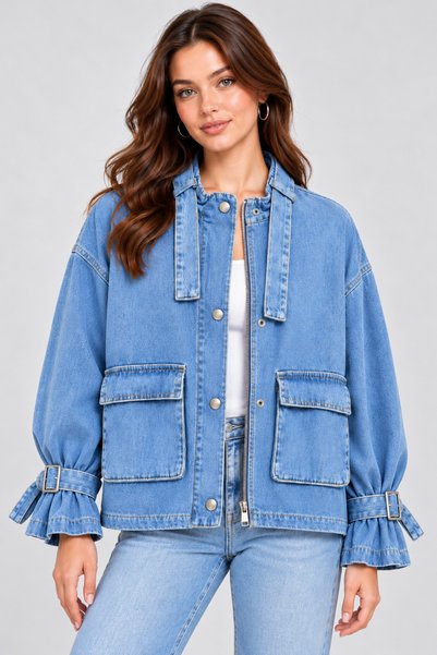 LEVEL HİGH Women's Light Blue Denim Jacket, Stand-Up Collar, Buckled Sleeves,...