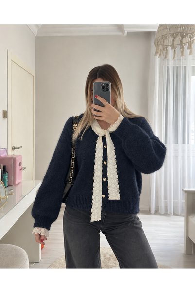 Ekim Store Kardigan od pletiva sa šal-kragnom i čipkastim obrubom
