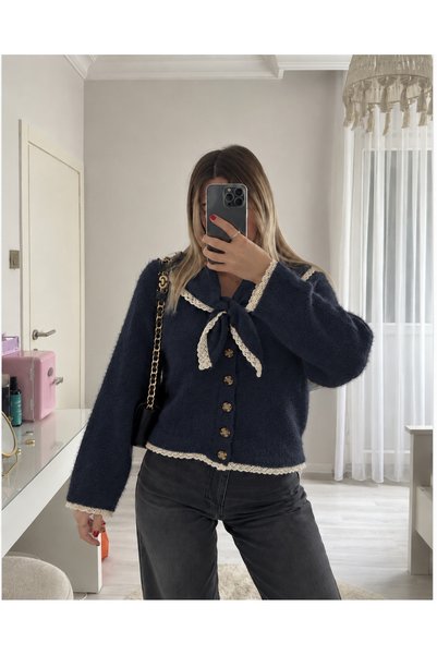 Ekim Store Πλεκτό ζακετάκι με δαντέλα, κορδόνια και γιακάς Peter Pan