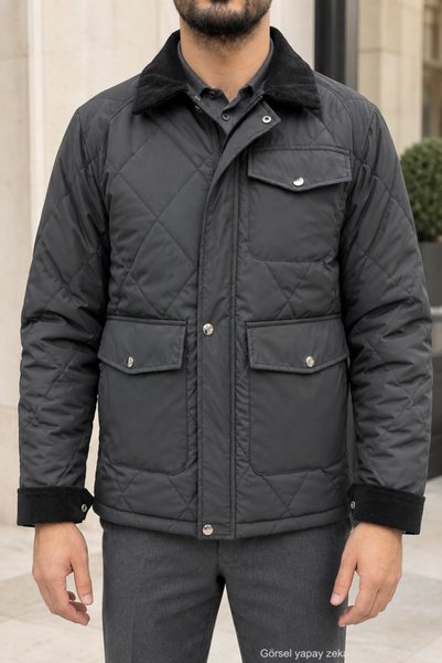 Polo State Men’s Velvet-Collar Quilted Jacket with a Diamond Patterned Quilte...
