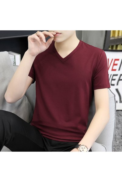 hanzhi Men V Neck T Shirt Slim Fit White Summer Short Sleeve