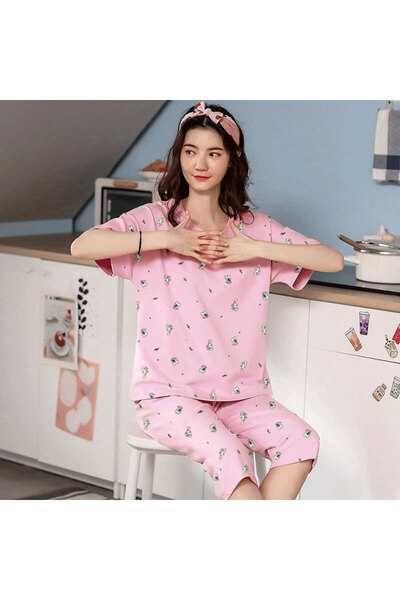hanzhi Women Cartoon Pajamas Set Thin Polyester Sleepwear