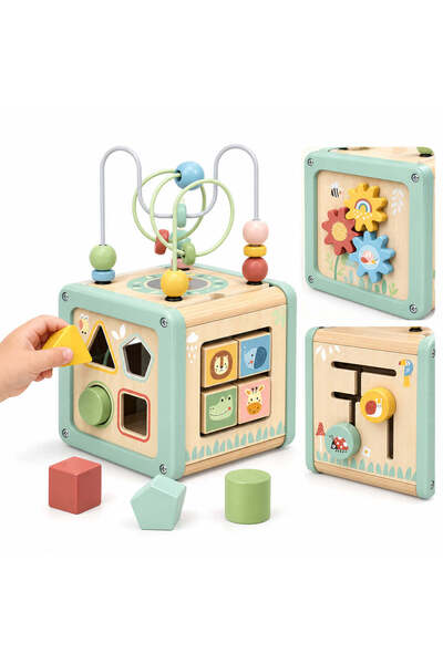 Tooky Toy Cub de activități Montessori 5 în 1 din lemn, 18+ luni, cu patru fo...
