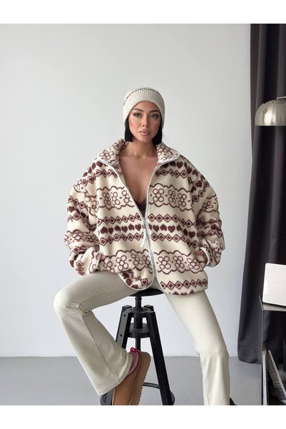 ÇEÇİM Jachetă oversize din pluș cu model feminin, cu fermoar și guler înalt