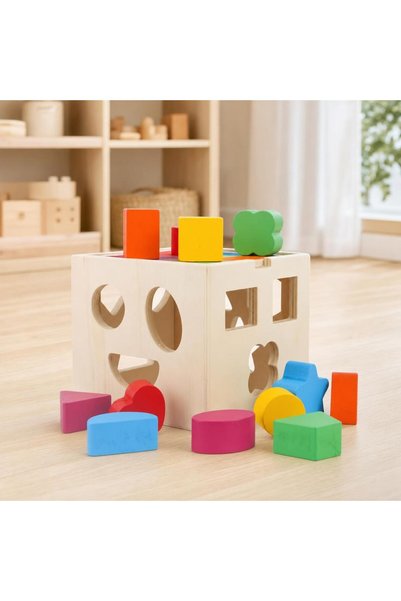 Generic Cub sortator de forme din lemn, 3+ ani, cu capac glisant și forme geo...