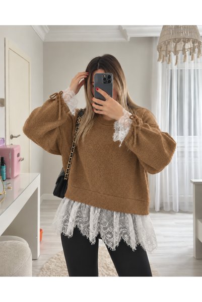 Ekim Store Weicher Strickpullover mit gerafften Ärmeln und Spitze