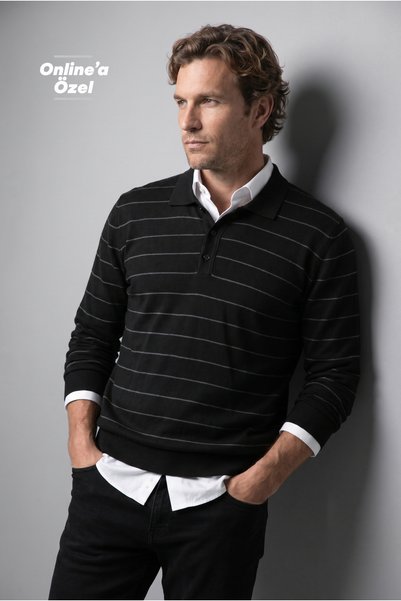 Kiğılı Polo Collar, Regular Fit, Cotton-Blend Striped, Soft-Textured Knit Swe...