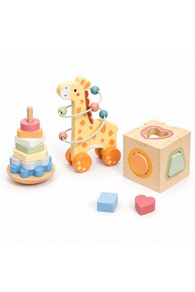 Tooky Toy Set Montessori 3 în 1 cu girafă pe roți, 12+ luni (1 an), turn de s...