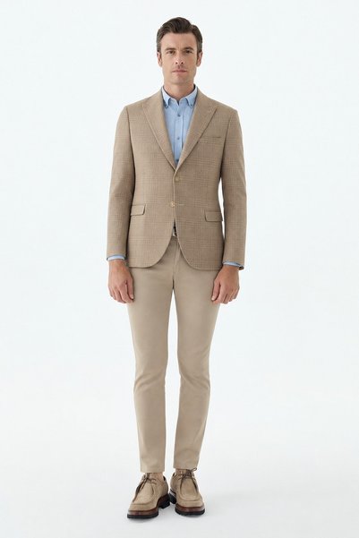 Jakamen Beige Slim Fit Jacket, Pointed-Collar Plaid Jacket
