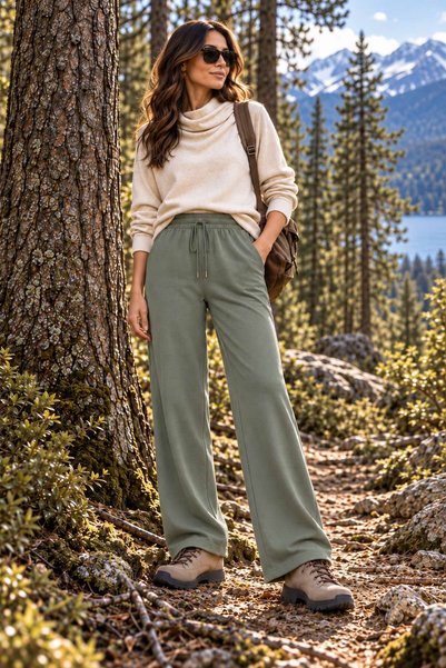 Mossta Modal Fabric Elastic Waist Lace-Up Straight Cut Trousers Green