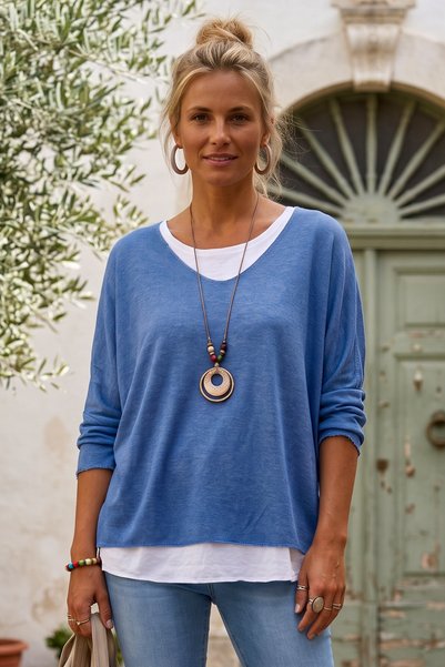 Chiccy Italian-Style Collar 3-Piece Set: Blue V-Neck Long-Sleeve and Sleevele...