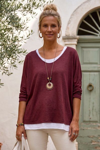Chiccy Italian-Style Collar 3-Piece Set: Burgundy V-Neck Long-Sleeve and Slee...