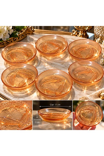 Atak Hediyelik Set of 6 Amber Glass Bowls with Fish Relief Design – Decorativ...
