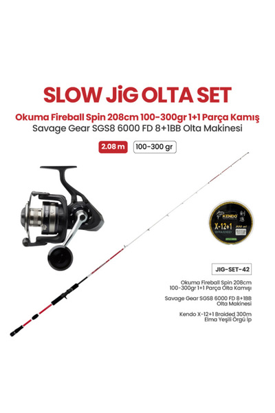 Okuma Fireball Spin 208cm 100-300gr 1+1 Parça Olta Kamışı + Savage Gear SGS8 6000 FD 8+1BB Olta Makinesi - Slow Jig Olta Takımı Set 42