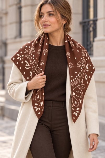 D scarf Eșarfă bandană mare, maro, texturată cu model Paisley – 90×90 cm