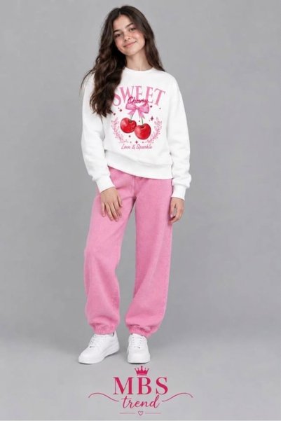 Kids Winter Girls' White Cherry-Printed Crew-Neck Sweatshirt & Pink Elasticat...