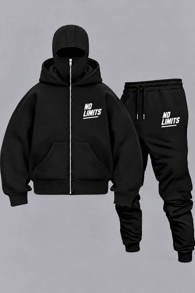 LAND MODA Oversized Unisex Hooded Sweatsuit with Zipper and Mask – Black