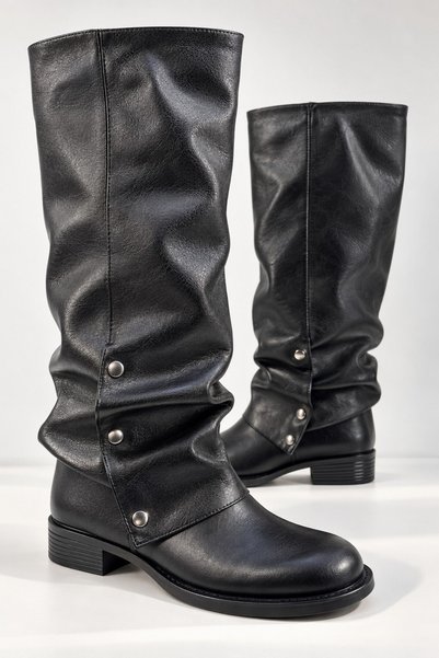 MUGGO DİVA Women's Ruched Metal-Buttoned Short-Heeled Pants Boots