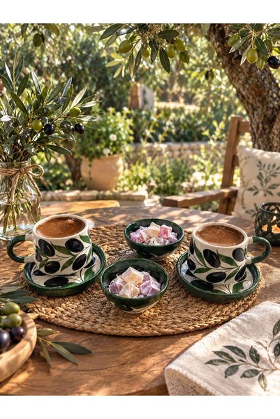 Ayosse Handmade 2-Piece Olive Branch-Patterned Coffee Set