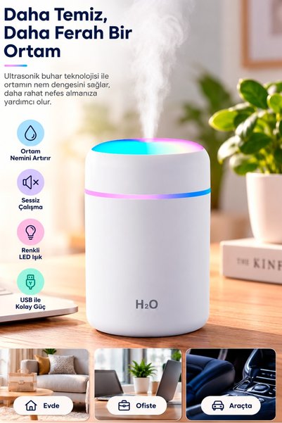 Dexmon Mini Hava Nemlendirici Buhar Makinesi 7 Renkli LED Işıklı USB Şarjlı Taşınabilir Sessiz Çalışan Masaüstü Oda Nemlendirici
