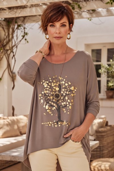 Chiccy Italian Taupe Color Pool-Neck Long-Sleeve Wood-Print Oversized Knit Bl...