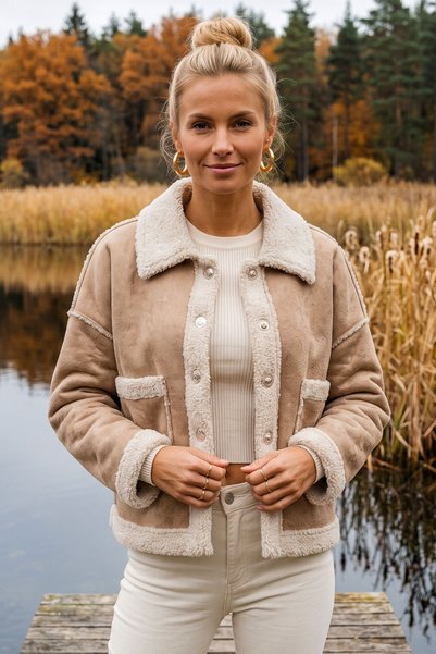 Chiccy Dark Beige Italian Jacket with Collar, Long Sleeves, Buttons, Pockets,...