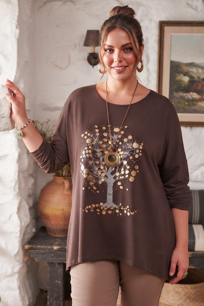 Chiccy Italian Brown Pool-Neck Long-Sleeve Oversized Knit Blouse with Tree Pr...