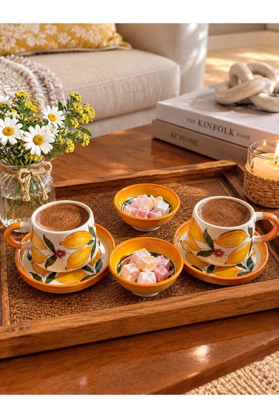 Ayosse Handmade 2-Piece Ceramic Coffee Set with Lemon Pattern