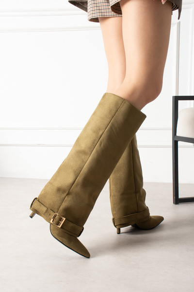 azza shoes CLARA Suede Gold Buckle Detail High-Heeled Stylish Boots