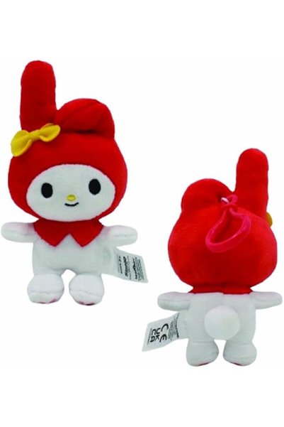 SANRIO ملصق حقيبة صغيرة من القطيفة بلون أحمر من هالو كيتي وماي ميلودي
