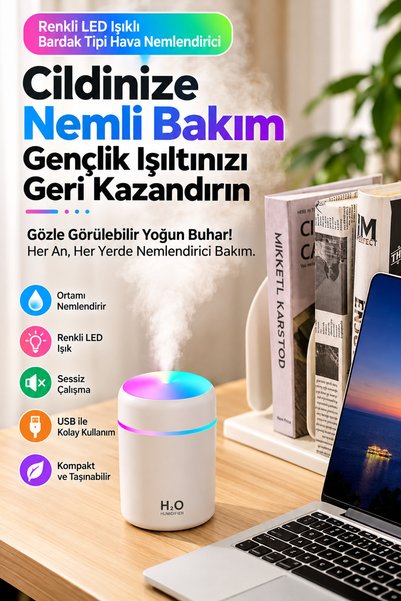 Dexmon Mini Hava Nemlendirici Buhar Makinesi 7 Renkli LED Işıklı USB Şarjlı Taşınabilir Sessiz Çalışan Masaüstü Oda Nemlendirici