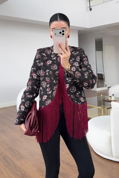 My Blog Jachetă imprimeu floral în stil empir, de culoare vișinie - 5190