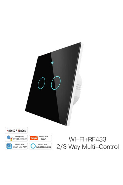 MOES WRS-EU2-BK Διπλός γυάλινος διακόπτης αφής με WiFi+RF και ουδέτερο (Μαύρος)