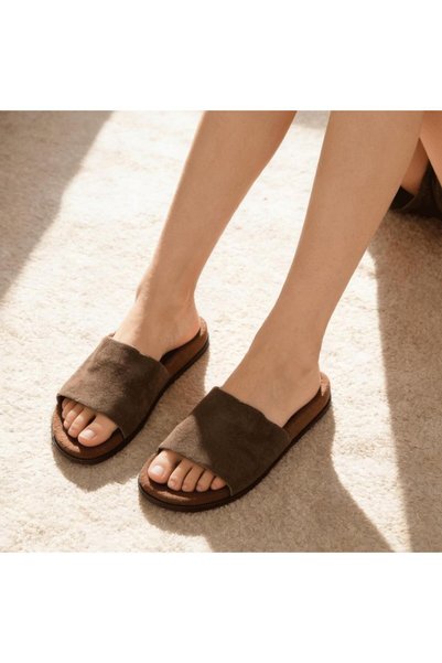 Tmall Γυναικείες Παντόφλες Casual, Γνήσιο Δέρμα, PD1103, Καφέ