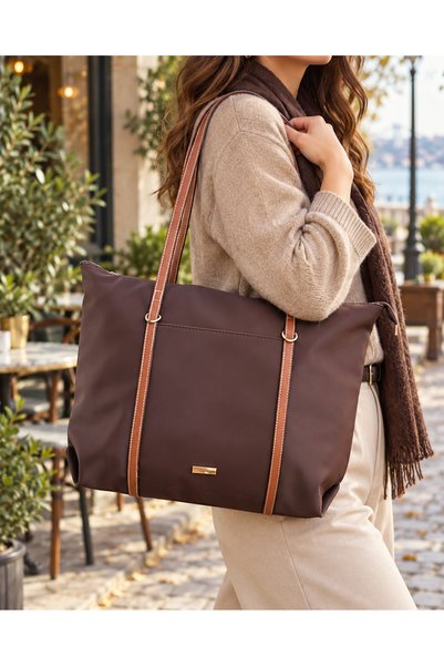 seraptakidunyasi Large Buzzy Fabric Tote Shoulder Bag with Front Zippered Pocket