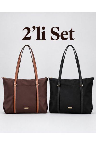 seraptakidunyasi Set of 2 Large Buzzy Fabric Tote Shoulder Bags with Front Zi...
