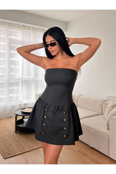 FLOWERİNG Kadın Siyah Bolerolu Straplez Elbiseli Takım