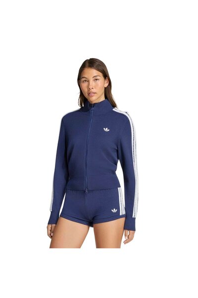 adidas KS7367-K سترة نسائية محبوكة من القماش الفلاني باللون الأزرق الداكن