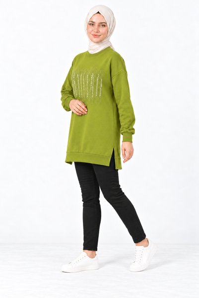 MİRA BUTİK Women's Black Long Sweatshirt with Stone Embellishments, Modest Tunic