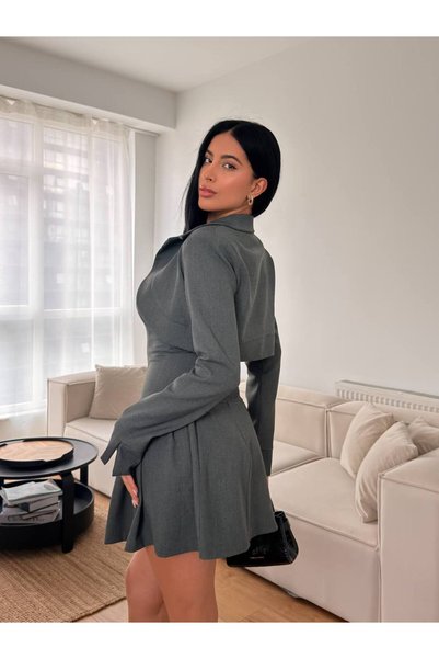 FLOWERİNG Kadın Gri Bolerolu Straplez Elbiseli Takım