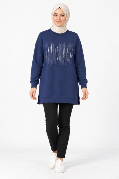 MİRA BUTİK Women's Black Long Sweatshirt with Stone Embellishments, Modest Tunic