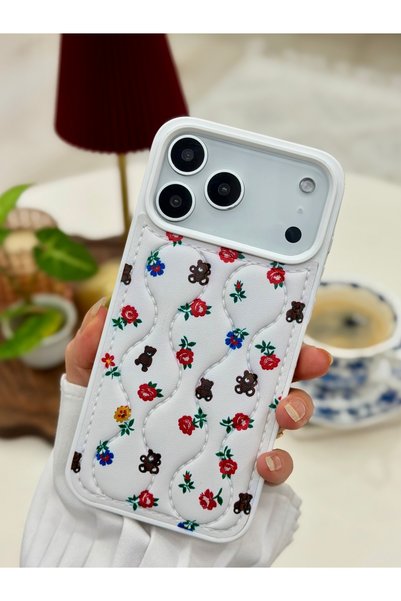 Go Aksesuar iPhone 17 Pro Max Compatible Quilted White Teddy Bear with Flower...